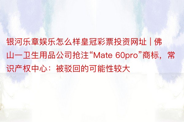 银河乐章娱乐怎么样皇冠彩票投资网址 | 佛山一卫生用品公司抢注“Mate 60pro”商标，常识产权中心：被驳回的可能性较大